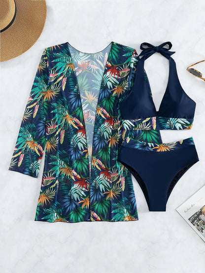 Halter Print Bikini Sets 3PCS Women Swimsuit With Kimono High Waist Swimwear Female Bathers Bathing Swimming Swim Suit Beachwear - Urban Heaven Co