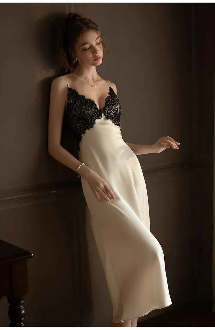 Sexy Femlae Long Robe Nightgown 2PCS Set Spring Summer New Silk Satin Sleepwear Nightdress Lingerie Patchwork Lace Homewear - Urban Heaven Co