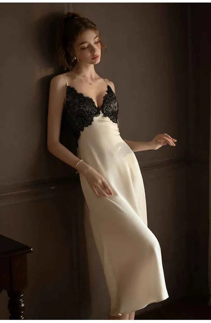 Sexy Femlae Long Robe Nightgown 2PCS Set Spring Summer New Silk Satin Sleepwear Nightdress Lingerie Patchwork Lace Homewear - Urban Heaven Co