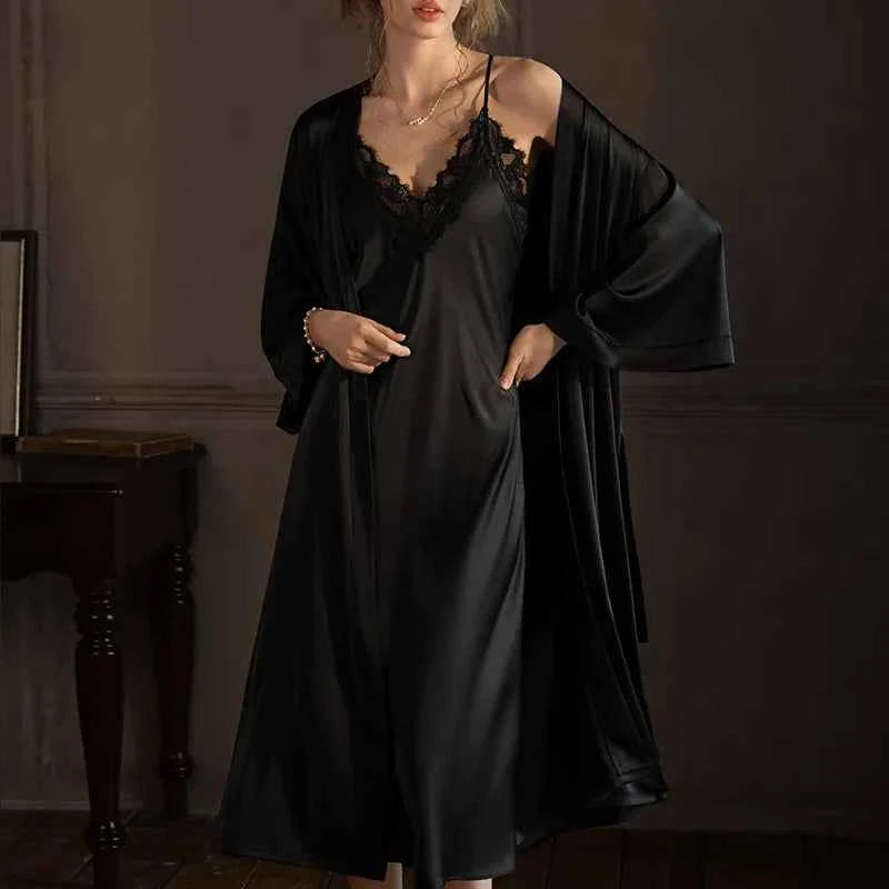 Plus Size Long 2PCS Robe Nightgown Set Pajama Elegant Kimono Bathrobe Gown Sleepwear Summer Sexy Women&