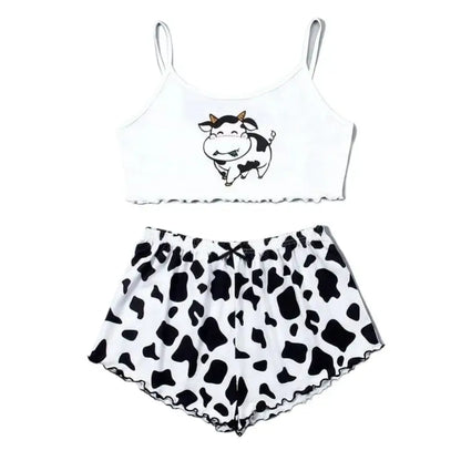 Women 2 Pieces Pajamas Set Cute Cow Print Sleeveless Top and Shorts Sleepwear Casual Homewear Loungewear Pijamas