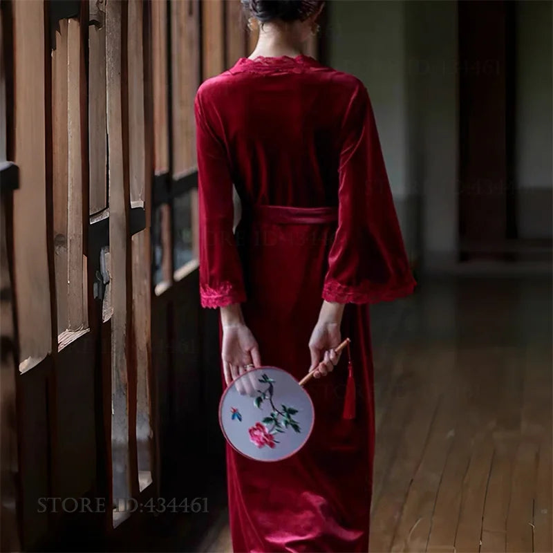 Burgundy Velvet Bride Wedding Long Robe Nightgown Set Negligee Elegant Lace Backless Nightdress Bathrobe Homewear Sexy Lingerie - Urban Heaven Co