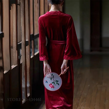 Burgundy Velvet Bride Wedding Long Robe Nightgown Set Negligee Elegant Lace Backless Nightdress Bathrobe Homewear Sexy Lingerie - Urban Heaven Co