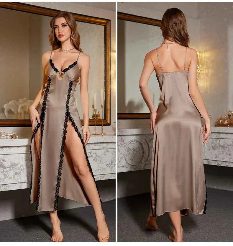 Sexy Split Suspender Nightgown Chemise Sleepwear Summer New Silky Satin Nightdress Intimate Lingerie Female Home Wear Loungewear - Urban Heaven Co