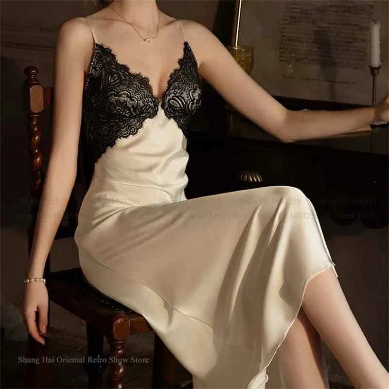 Sexy Femlae Long Robe Nightgown 2PCS Set Spring Summer New Silk Satin Sleepwear Nightdress Lingerie Patchwork Lace Homewear - Urban Heaven Co