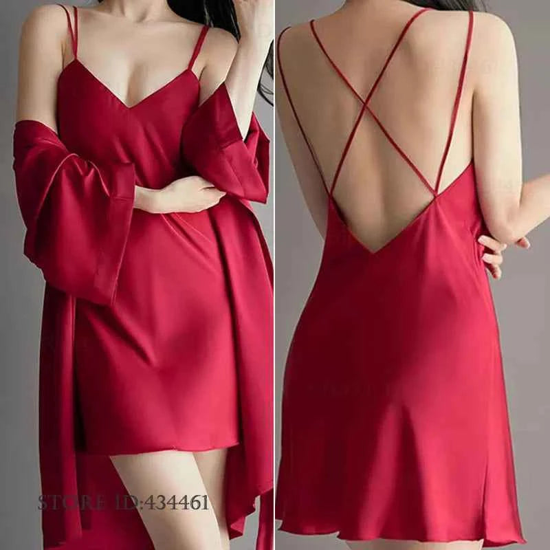 Sexy Lingerie Female Twinset Robe Set Nightgown Spring Summer New Backless Nightdress Sleepwear Loose Ice Silk Homewear Pajama - Urban Heaven Co