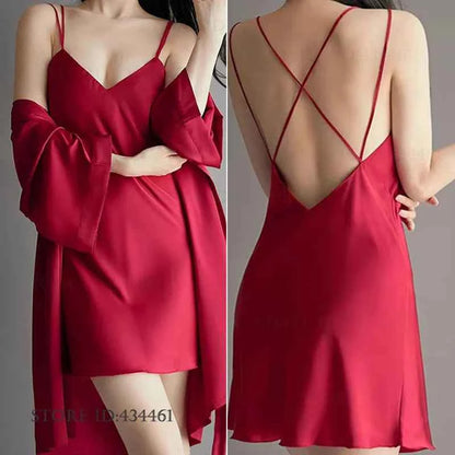 Sexy Lingerie Female Twinset Robe Set Nightgown Spring Summer New Backless Nightdress Sleepwear Loose Ice Silk Homewear Pajama - Urban Heaven Co