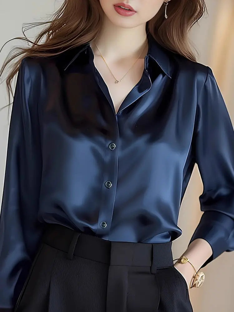 Elegant Silk Office Shirts Women Korean Fashion Y2k Clothes Slim Long Sleeve White Black Blusas Mujer Workwear Tops and Blouses - Urban Heaven Co
