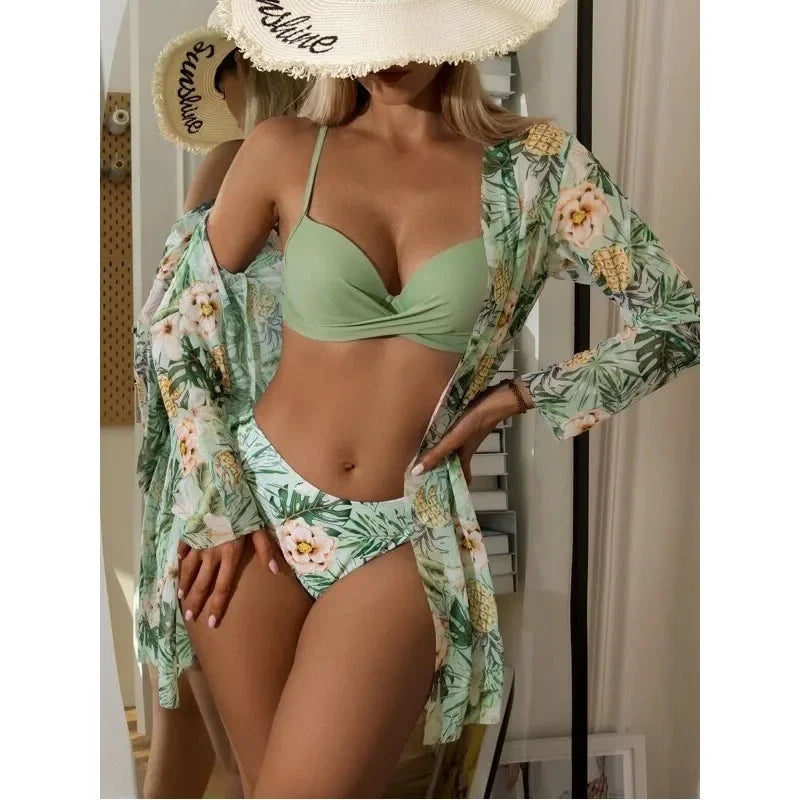 20 Colors Three Piece Bikinis Set Women Sexy Push Up Swimwear Swimsuit Plants. - Urban Heaven Co