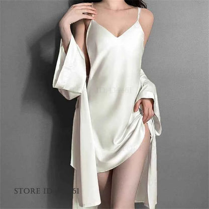 Sexy Lingerie Female Twinset Robe Set Nightgown Spring Summer New Backless Nightdress Sleepwear Loose Ice Silk Homewear Pajama - Urban Heaven Co