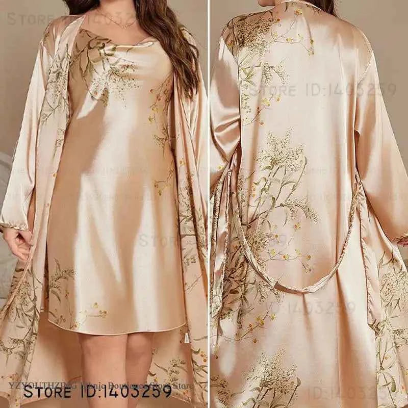2PCS Robe Set Nightgown Print Flower Kimono Bathrobe Gown Plus Size Silk Satin Sleepwear - Urban Heaven Co