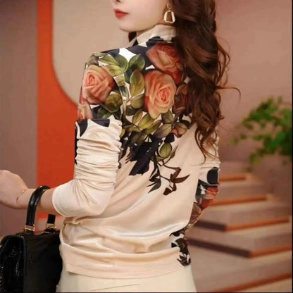 Advanced Sense Spring New High Density Velvet Fashion Flower Long Sleeved Half High Collar Comfortable - Urban Heaven Co