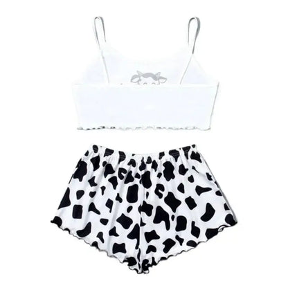 Women 2 Pieces Pajamas Set Cute Cow Print Sleeveless Top and Shorts Sleepwear Casual Homewear Loungewear Pijamas