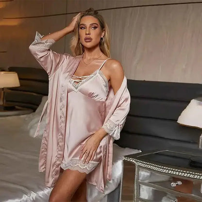 Sexy Lace Trim Nightgown Kimono Bathrobe Gown Loose Silk Satin Home Wear Loungewear Sleepwear Summer New Female Twinset Robe Set - Urban Heaven Co