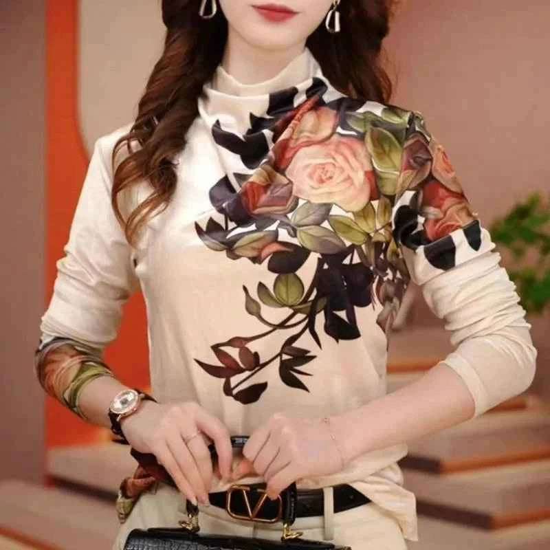 Advanced Sense Spring New High Density Velvet Fashion Flower Long Sleeved Half High Collar Comfortable - Urban Heaven Co