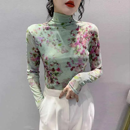 T Shirt Women Turtleneck Full Sleeve Printed Flowers Base Tees Female Sweet T-shirts - Urban Heaven Co