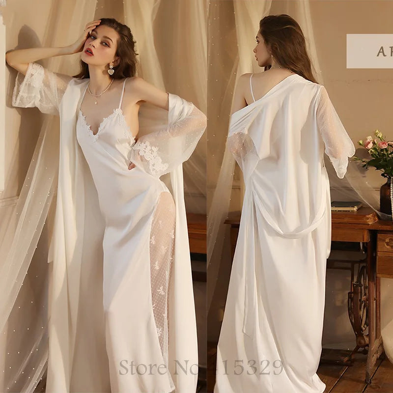 Wedding Bride Robe Set Women Bridal Lace Nightgown Long Kimono Bath Gown Intimate Lingerie - Urban Heaven Co
