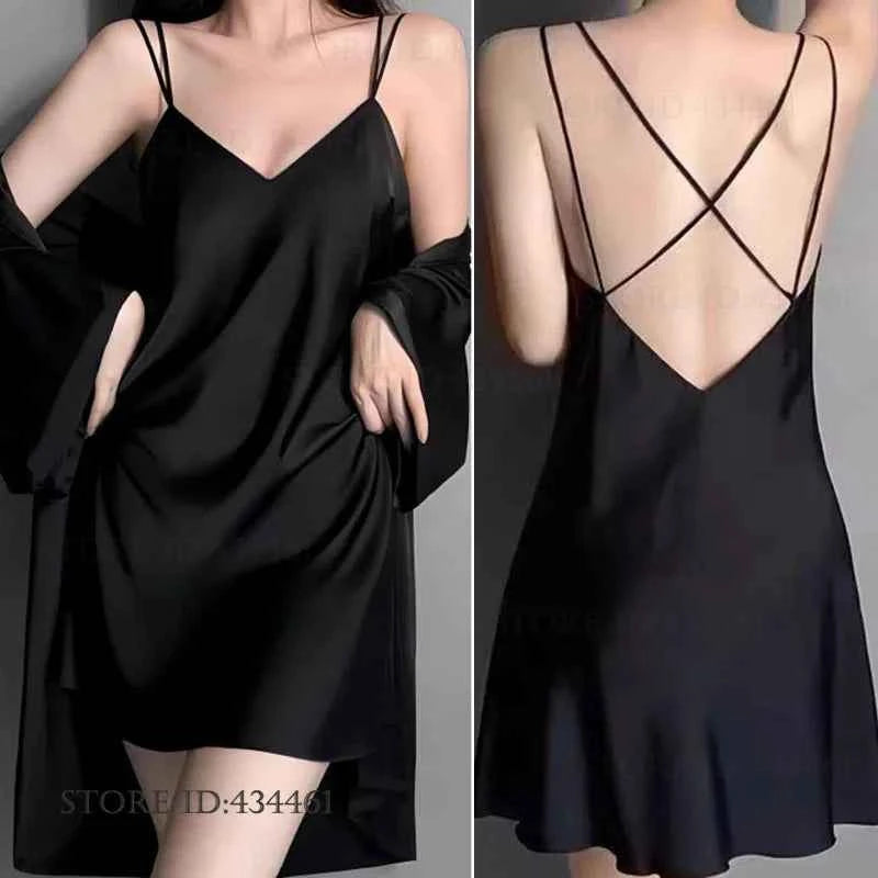 Sexy Lingerie Female Twinset Robe Set Nightgown Spring Summer New Backless Nightdress Sleepwear Loose Ice Silk Homewear Pajama - Urban Heaven Co