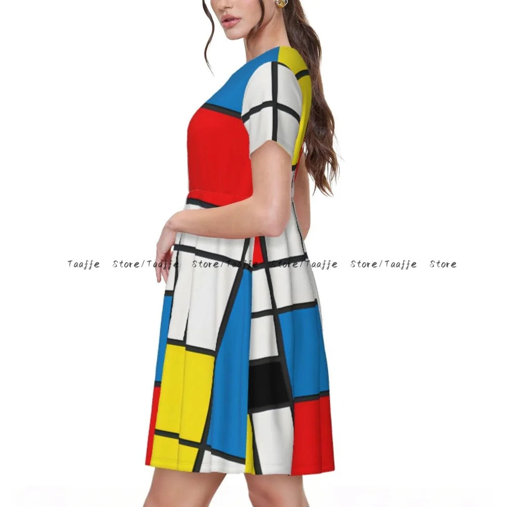 Elegant Women Dress Piet Mondrian Abstract Cubes Turn-down Collar Short Sleeve Body-Shaping Street Robe - Urban Heaven Co