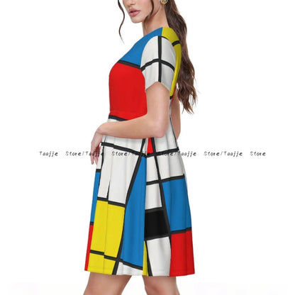 Elegant Women Dress Piet Mondrian Abstract Cubes Turn-down Collar Short Sleeve Body-Shaping Street Robe - Urban Heaven Co