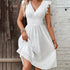 Summer Women V-Neck Beach Dress Flare Sleeve Solid Color Hollow Lace Waist Dress. - Urban Heaven Co