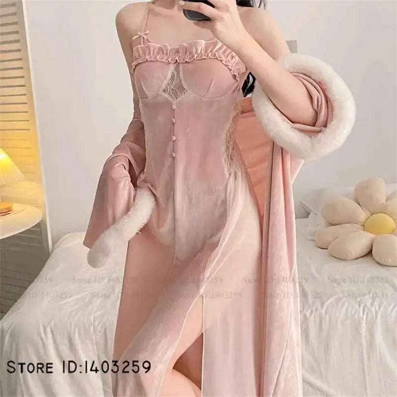 Sexy Velvet Hollow Lace Twinset Robe Set Female Long Nightgown Lingerie Elegant Kimono Bathrobe Gown Loose Sleepwear