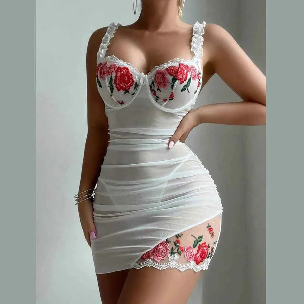 Women Lace Nightdress with Flower Splicing and Embroidered Chest Support Sleeping Nightgown - Urban Heaven Co