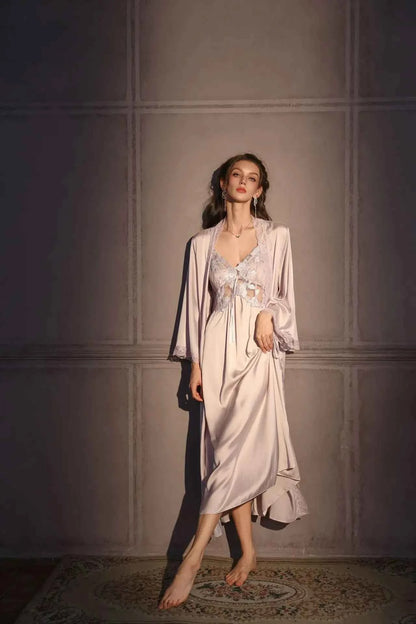 Elegant Female Long Robe Set Nightgown Silky Ice Silk Sleepwear - Urban Heaven Co