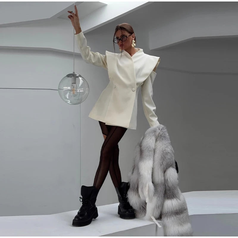 Avant-Garde Women Blazer Solid Jacket with Cutout Shoulders V-neck Full Sleeve for Spring Autumn Fashion Events and Street Style - Urban Heaven Co