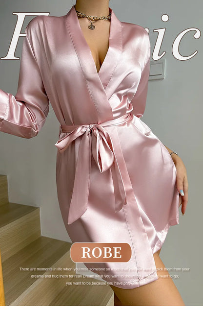 Summer Lace-Up Bathrobe Women – Sexy Ice Silk Gown &amp; Morning Robe for Home - Urban Heaven Co