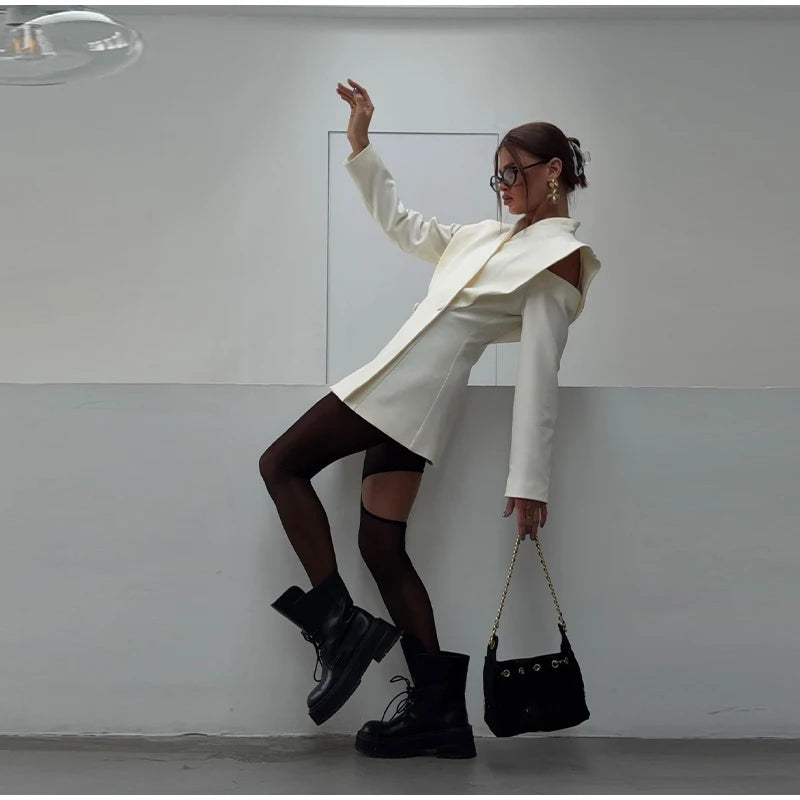 Avant-Garde Women Blazer Solid Jacket with Cutout Shoulders V-neck Full Sleeve for Spring Autumn Fashion Events and Street Style - Urban Heaven Co