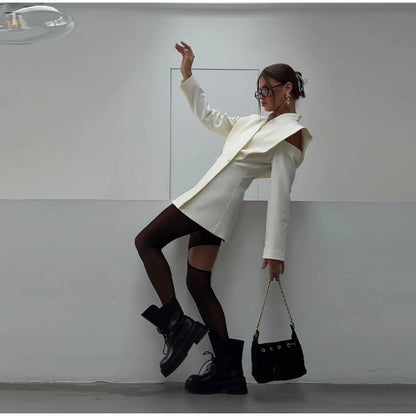 Avant-Garde Women Blazer Solid Jacket with Cutout Shoulders V-neck Full Sleeve for Spring Autumn Fashion Events and Street Style - Urban Heaven Co