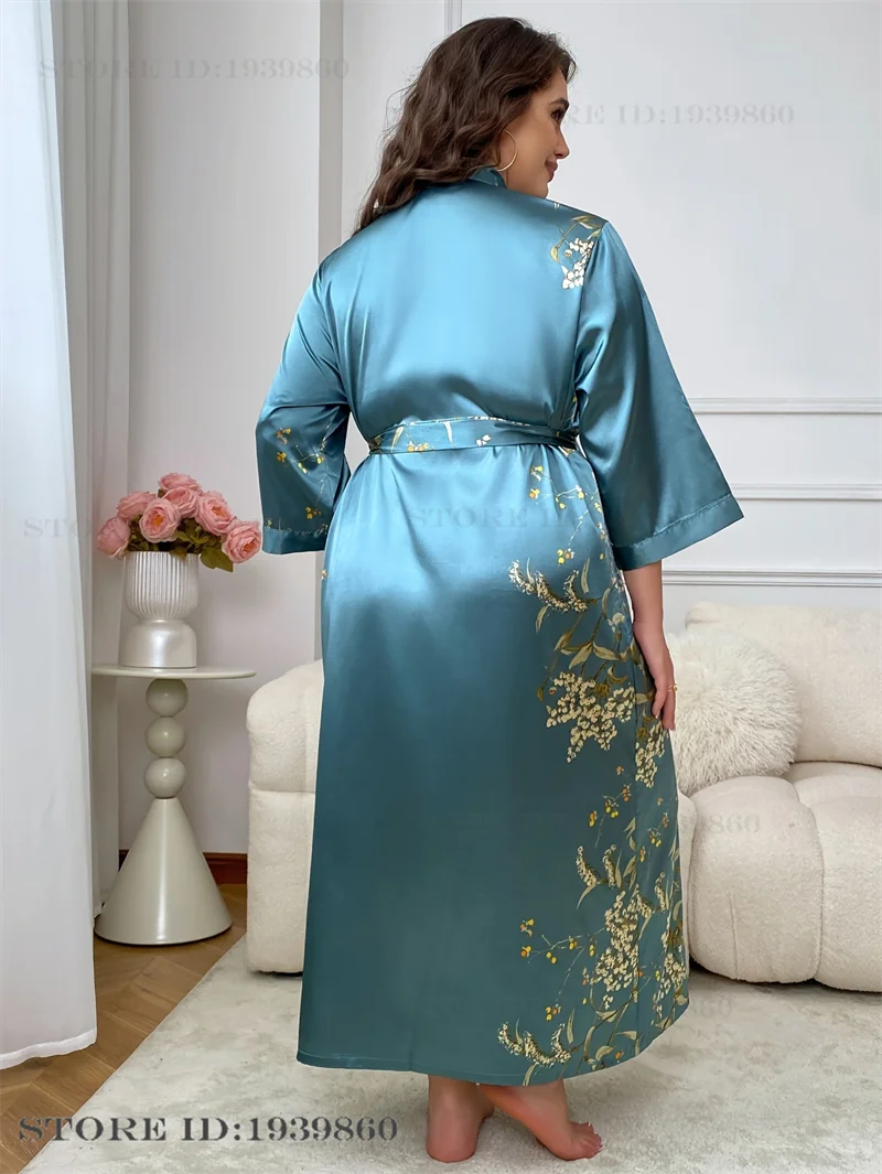 Large Size Female 2Pcs Robe Set Nightgown Print Cherry Long Kimono Bathrobe Gown Sleepwear. - Urban Heaven Co