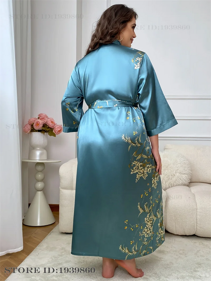 Large Size Female 2Pcs Robe Set Nightgown Print Cherry Long Kimono Bathrobe Gown Sleepwear. - Urban Heaven Co