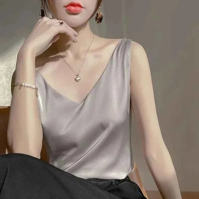 Sexy Strap Crop Top Women Halter V Neck Basic Cami Sleeveless Satin Silk Tube Tank Tops - Urban Heaven Co