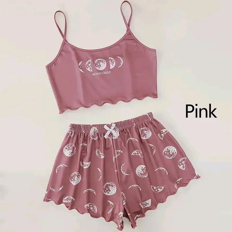 Summer Sleepwear Women 2 Pieces Pajama Set Pink Black Moon and Planet Print Sports Camisole and Shorts Set Casual Loungewear