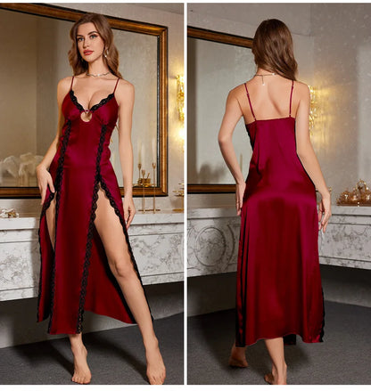 Sexy Split Suspender Nightgown Chemise Sleepwear Summer New Silky Satin Nightdress Intimate Lingerie Female Home Wear Loungewear - Urban Heaven Co