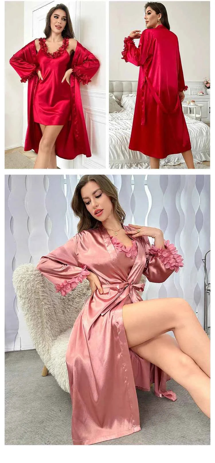 Sexy Female Twinset Robe Set Nightgown Silk Satin Female Sleepwear - Urban Heaven Co
