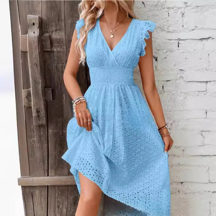 Summer Women V-Neck Beach Dress Flare Sleeve Solid Color Hollow Lace Waist Dress. - Urban Heaven Co