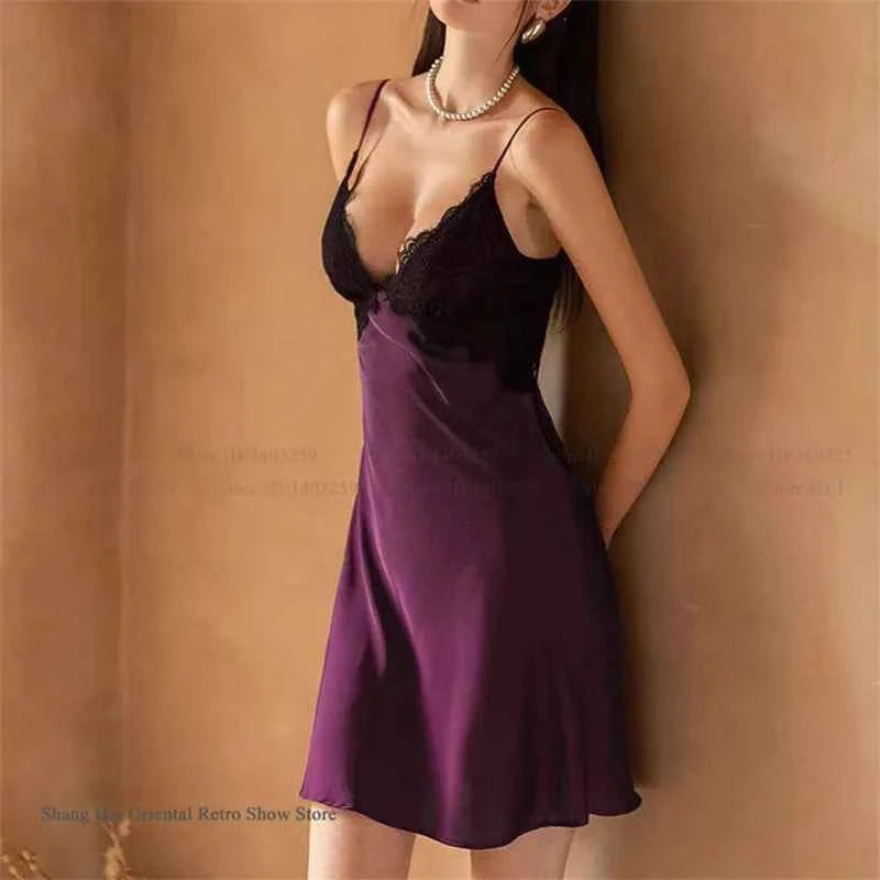 Sexy Femlae Long Robe Nightgown 2PCS Set Spring Summer New Silk Satin Sleepwear Nightdress Lingerie Patchwork Lace Homewear - Urban Heaven Co