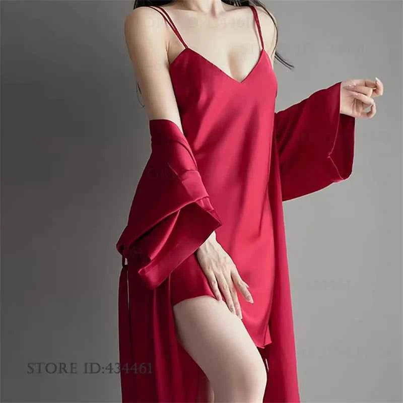 Sexy Lingerie Female Twinset Robe Set Nightgown Spring Summer New Backless Nightdress Sleepwear Loose Ice Silk Homewear Pajama - Urban Heaven Co
