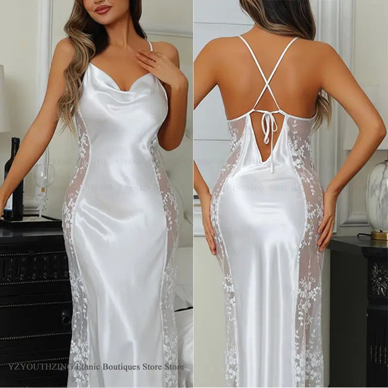 Sexy Hollow Out Nightgown Chemise Sleepwear Patchwork Lace Lingerie Women&