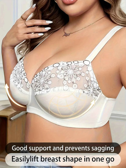 Lace Trim Thin Cup Underwire Semi Transparent Plus Size Bra for Women 85 90 95 100 105 110 C D E F - Urban Heaven Co