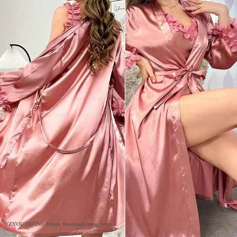 Sexy Female Twinset Robe Set Nightgown Silk Satin Female Sleepwear - Urban Heaven Co