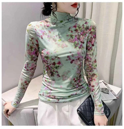 T Shirt Women Turtleneck Full Sleeve Printed Flowers Base Tees Female Sweet T-shirts - Urban Heaven Co