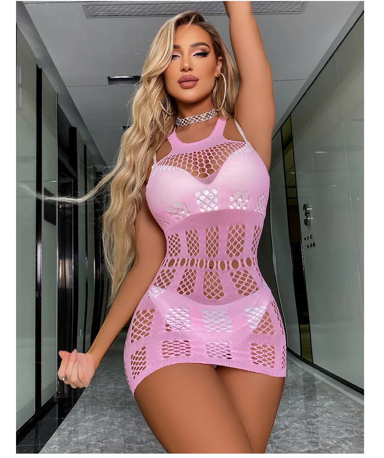 Sexy Women Fishnet Halter Backless Dress Low Cut Tight Pencil Cute Dress Plus Size Mini Dress. - Urban Heaven Co