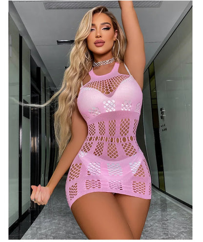 Sexy Women Fishnet Halter Backless Dress Low Cut Tight Pencil Cute Dress Plus Size Mini Dress. - Urban Heaven Co