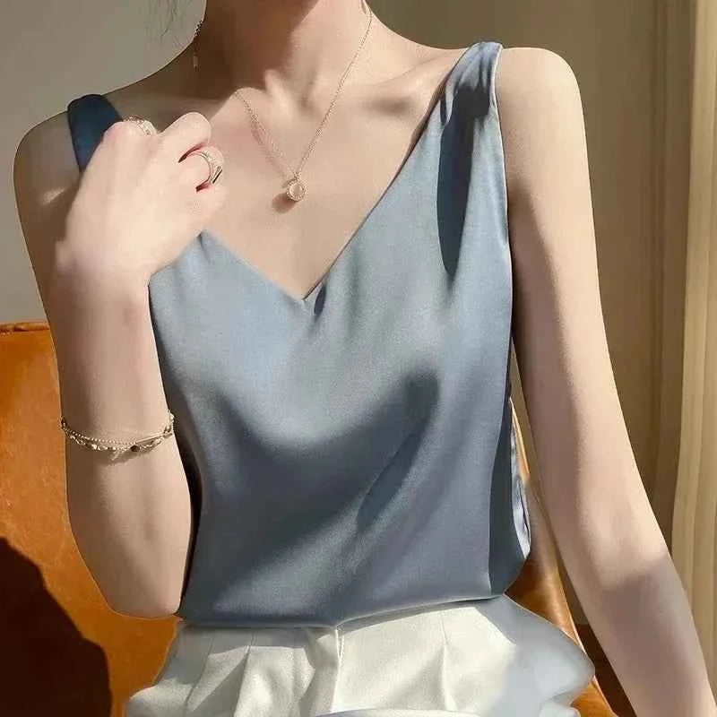 Sexy Strap Crop Top Women Halter V Neck Basic Cami Sleeveless Satin Silk Tube Tank Tops - Urban Heaven Co