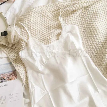 Print Flower Chemise Sleepwear Nightgown Short Summer Sexy Spaghetti Sling Homewear Satin Lace Patchwork Female Nightdress - Urban Heaven Co