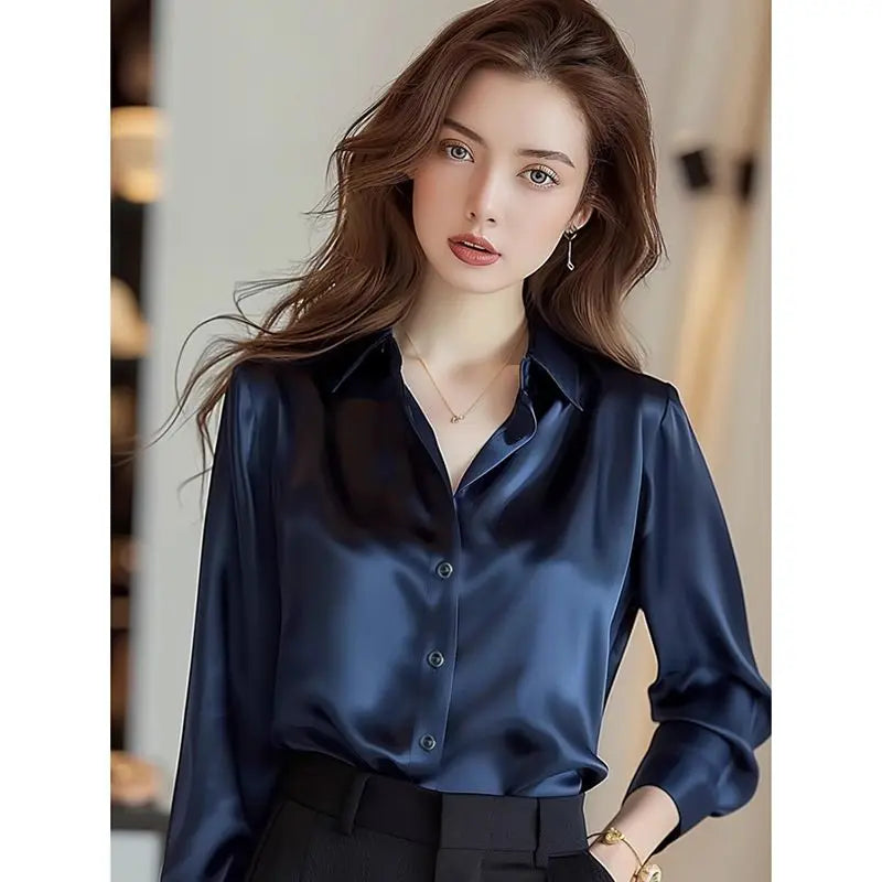 Elegant Silk Office Shirts Women Korean Fashion Y2k Clothes Slim Long Sleeve White Black Blusas Mujer Workwear Tops and Blouses - Urban Heaven Co